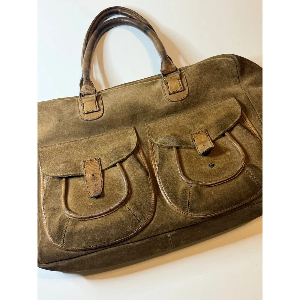 John Varvatos Mens Suede Leather Briefcase carryon Handmade in Italy Distressed